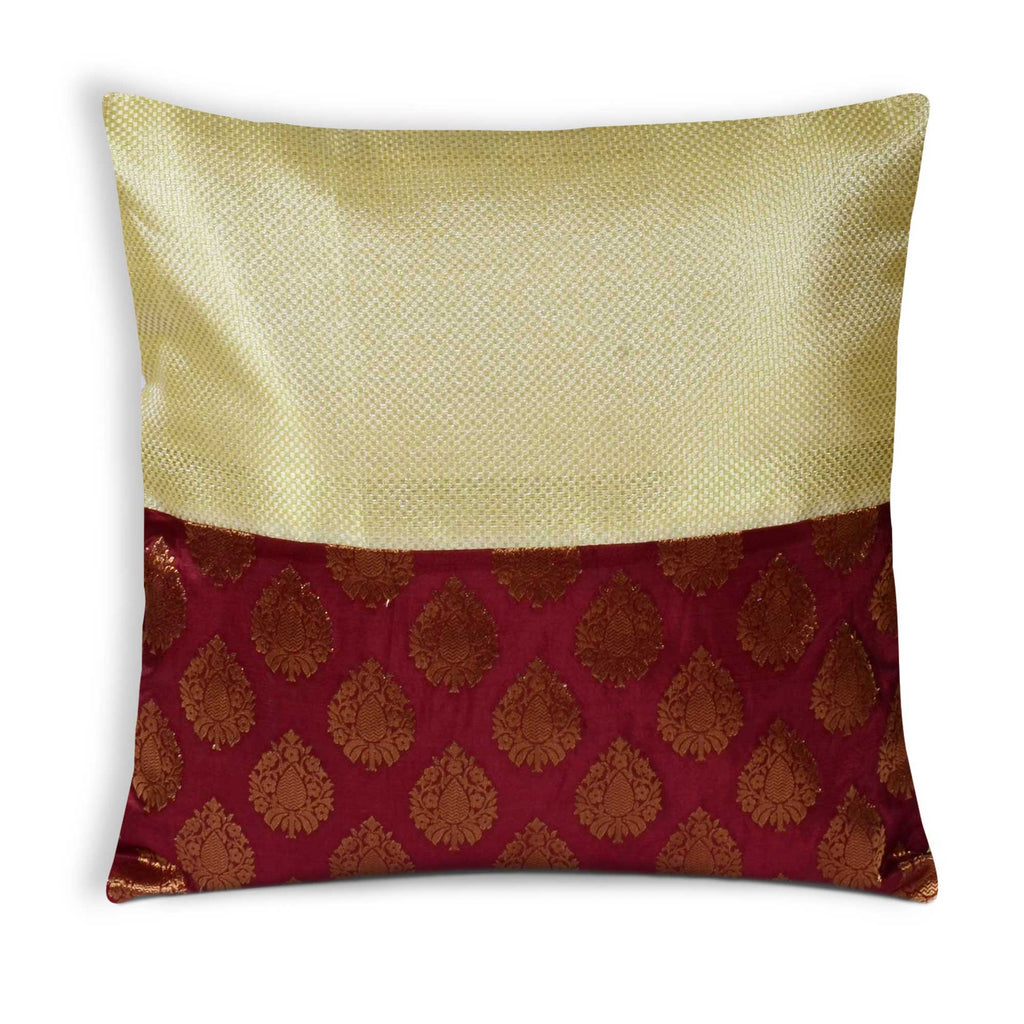 Dull Gold Coral Banaras Silk Pillow Cover