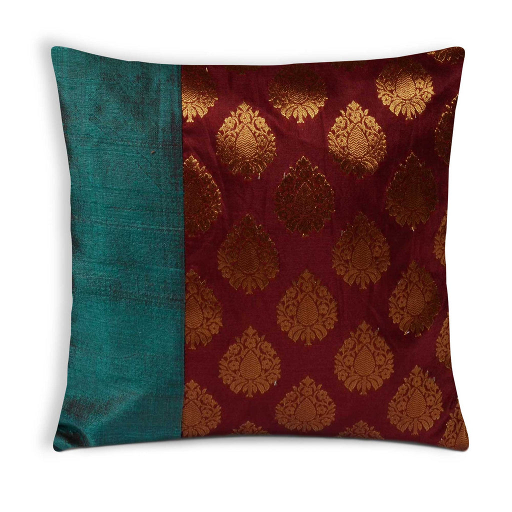 Teal Red Gold Raw Silk Banaras Pillow Cover