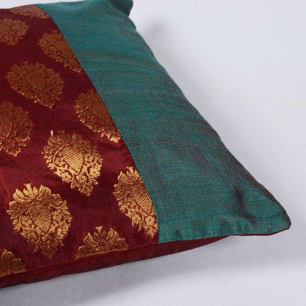 Teal Red Gold Raw Silk Banaras Pillow Cover buy online