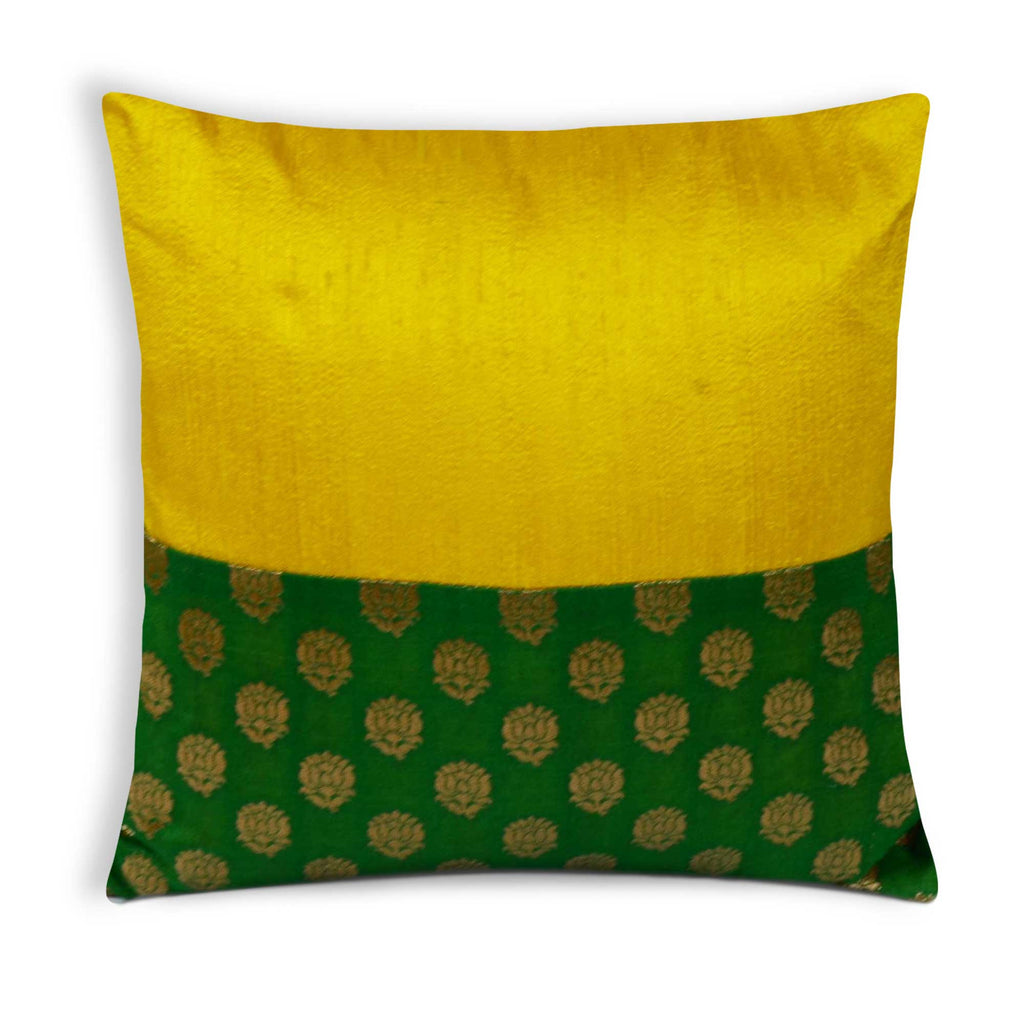 Green Yellow Lotus Banaras Silk Cushion Cover