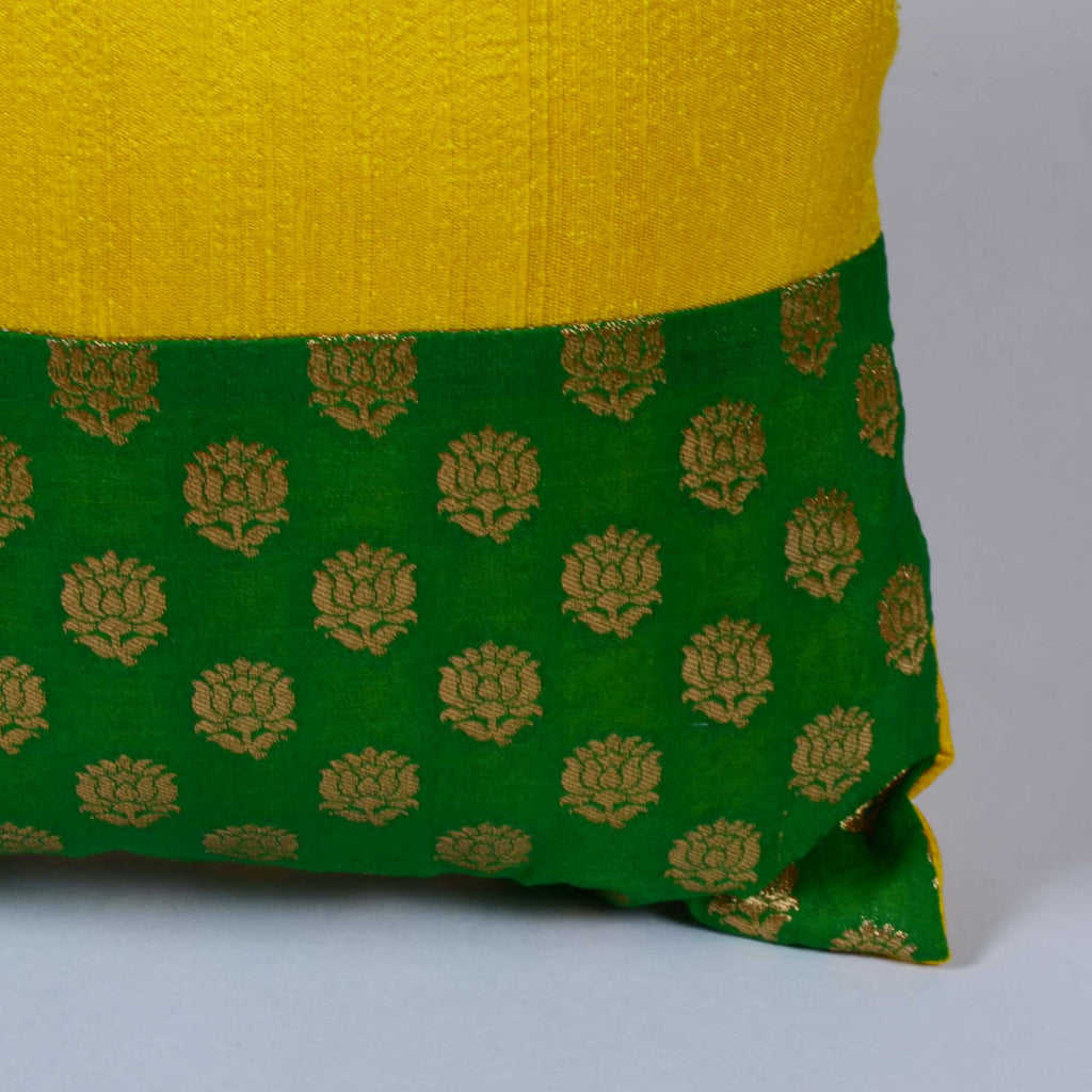 Green Yellow Lotus Banaras Silk Cushion Cover buy online