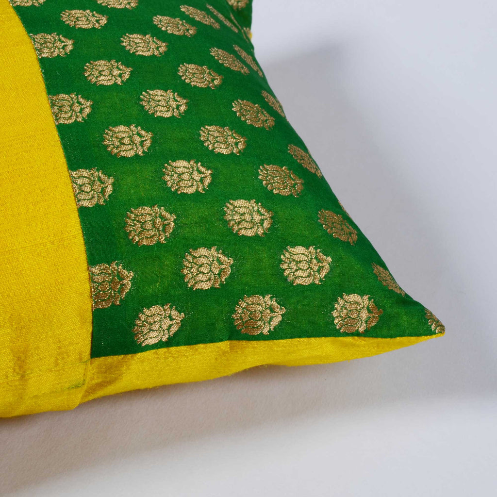 Green Yellow Lotus Banaras Silk Cushion Cover buy online from India