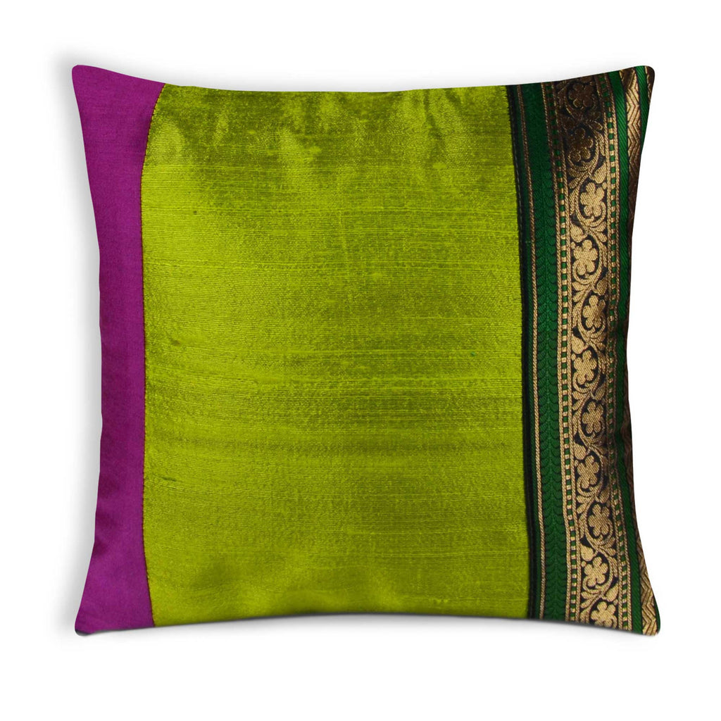 Green Olive Pink Multicolored Raw SIlk Pillow Cover
