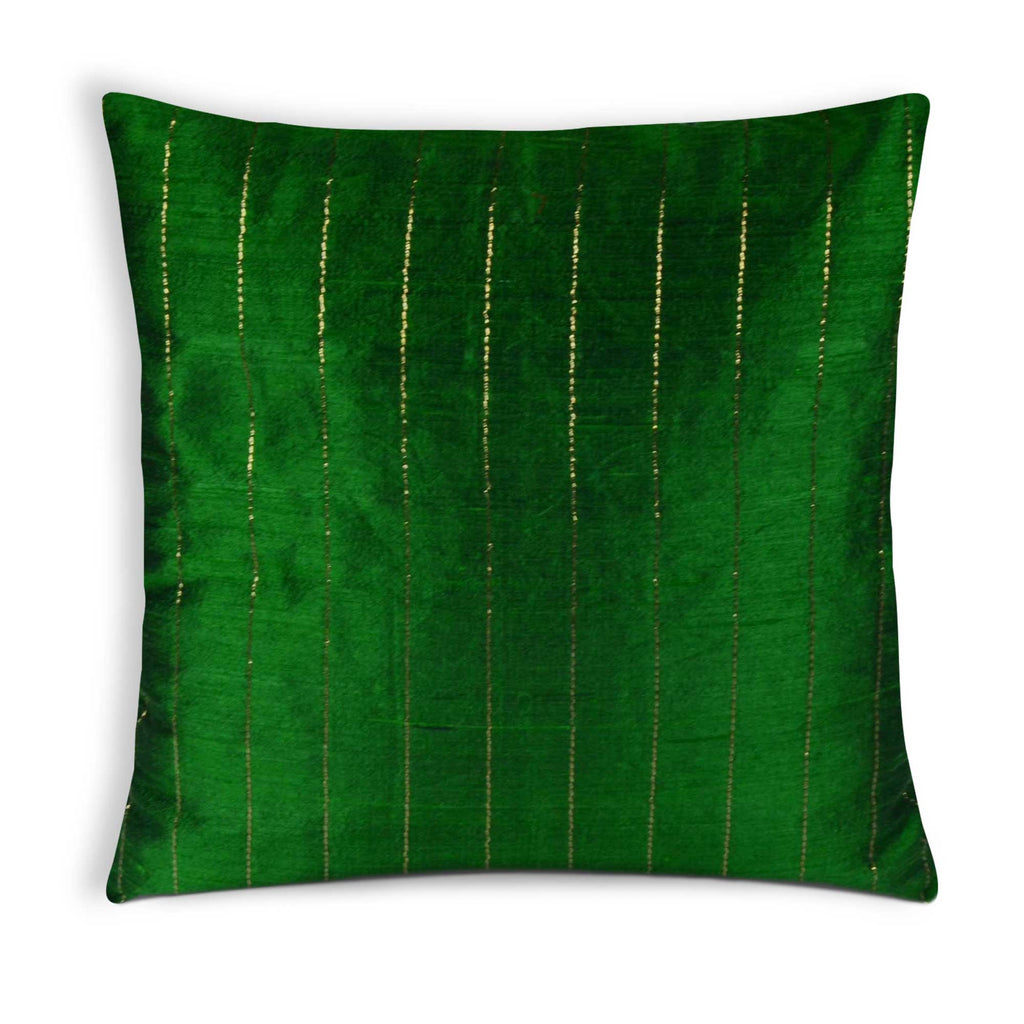 Emerald Green Gold Raw Silk Kantha Pillow Cover