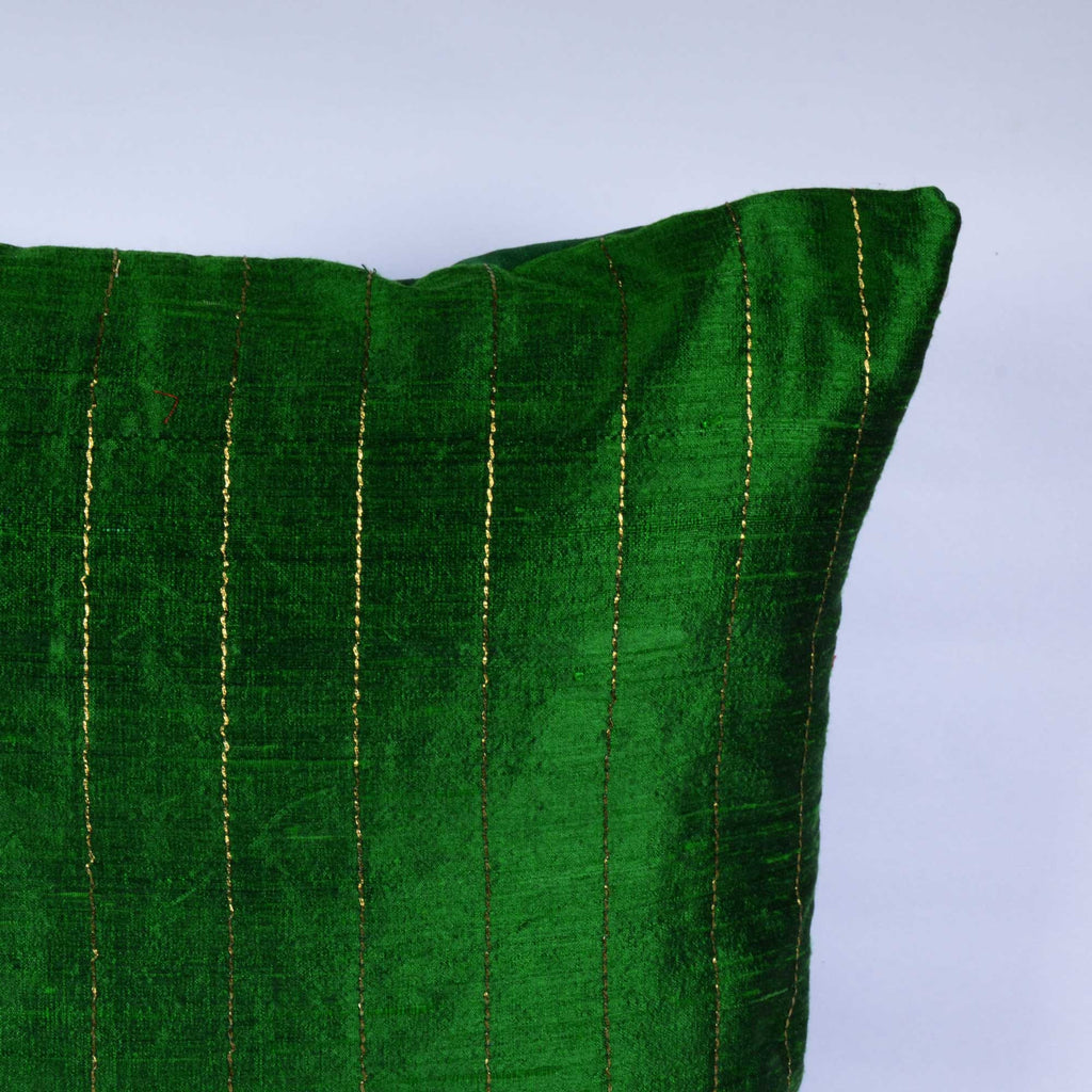 Emerald Green Gold Raw Silk Kantha Pillow Cover