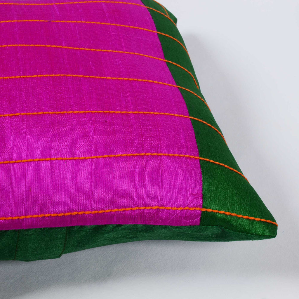 Magenta, Green and Yellow raw silk kantha pillow cover Buy online