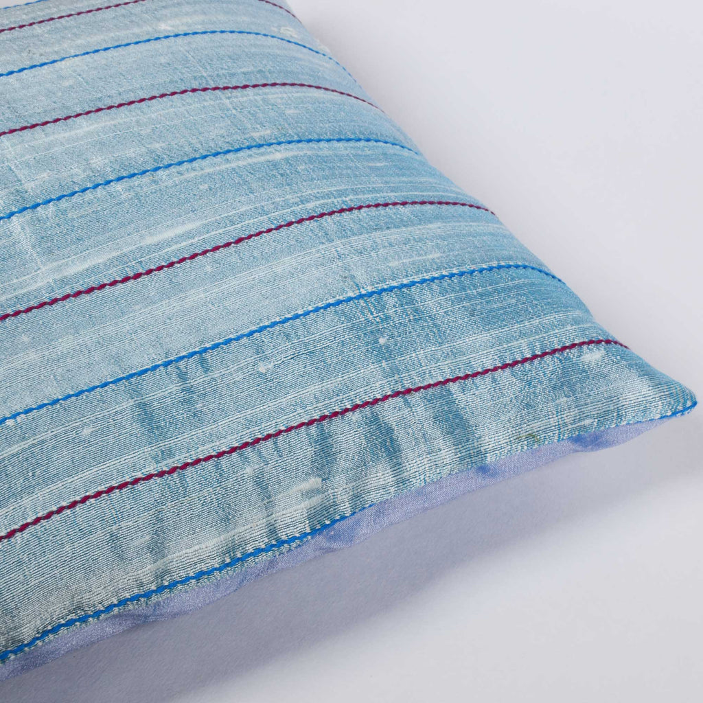Sky Blue Raw Silk Kantha Pillow Cover