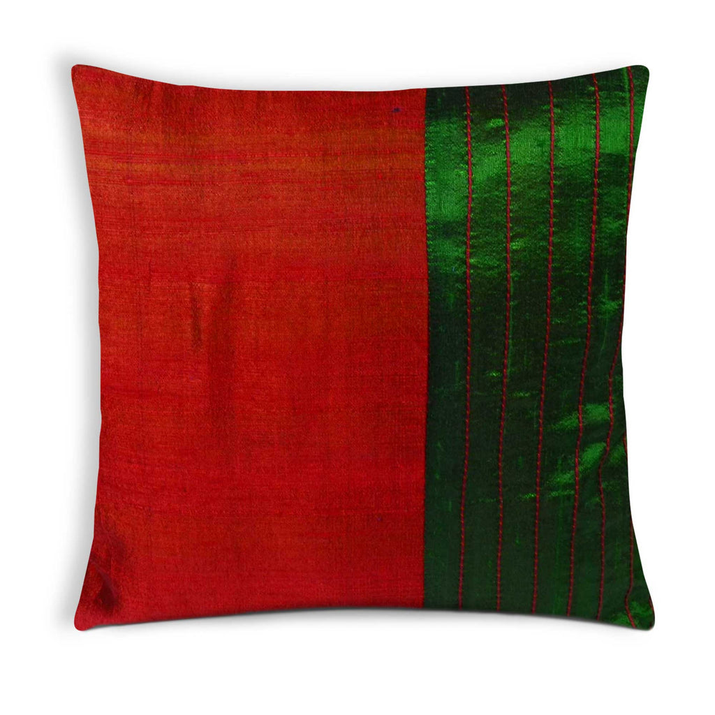 Green and Red Raw Silk Kantha Pillow Cover