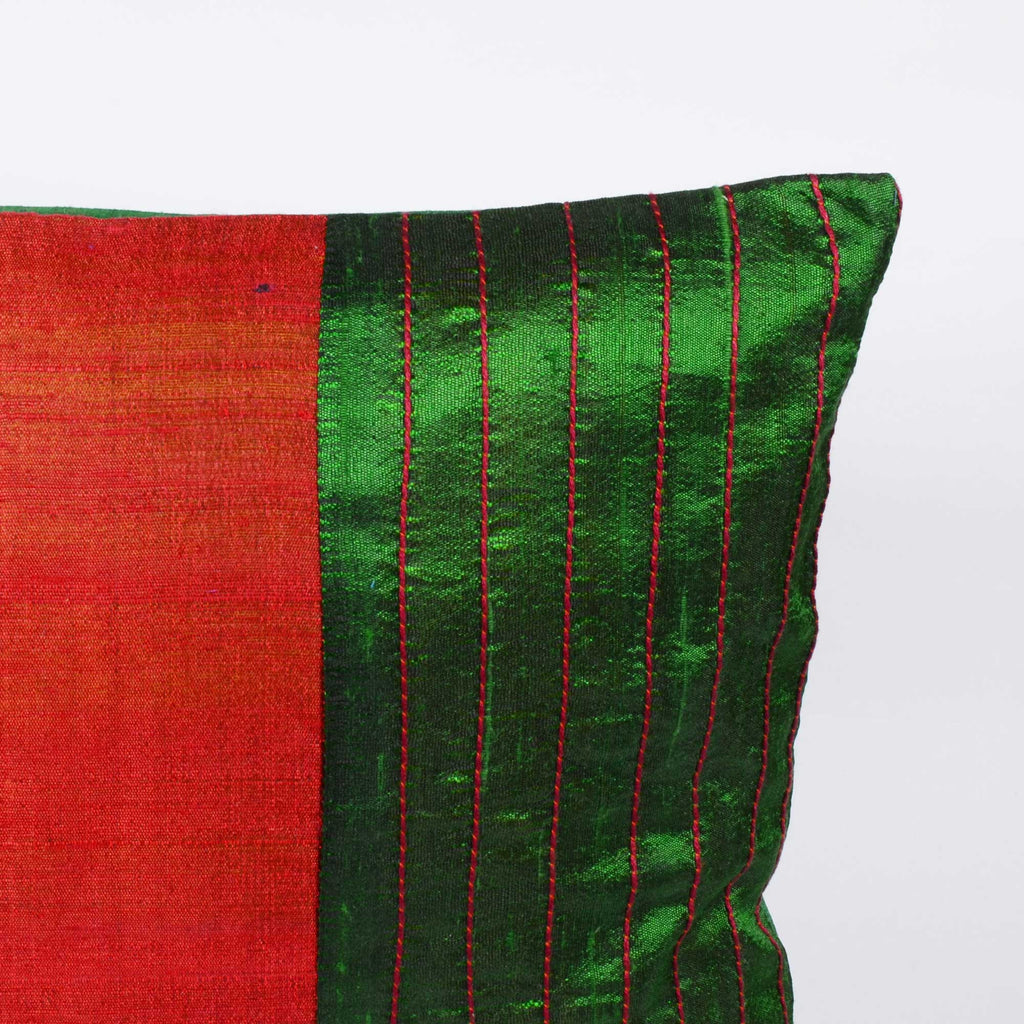 Green and Red Raw Silk Kantha Pillow Cover Buy Online From India