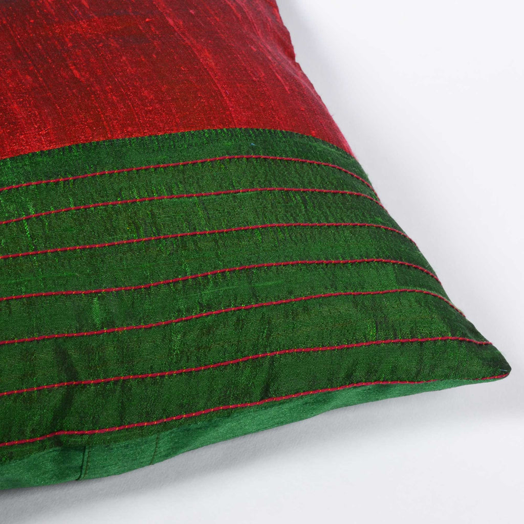 Green and Red Raw Silk Kantha Pillow Cover Buy online from DesiCrafts