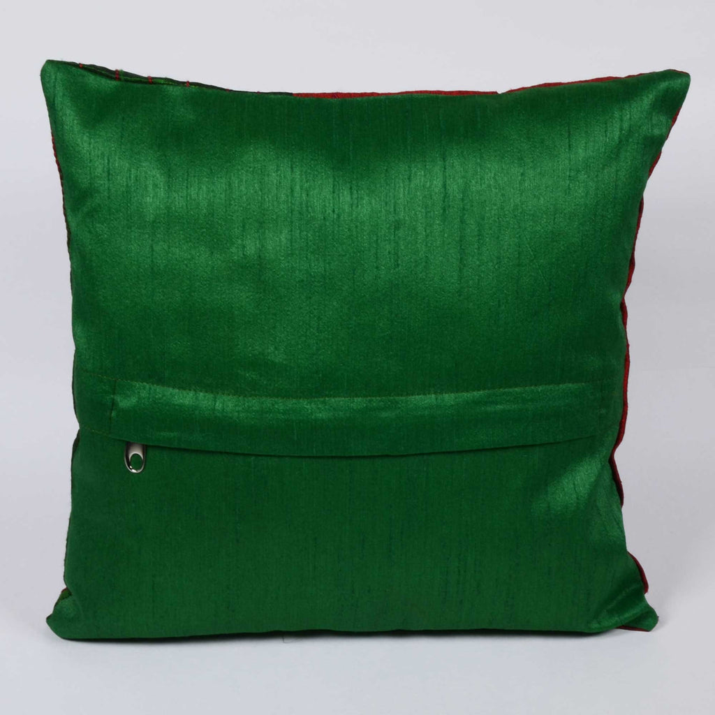Zipper Style Green and Red Raw Silk Kantha Pillow Cover