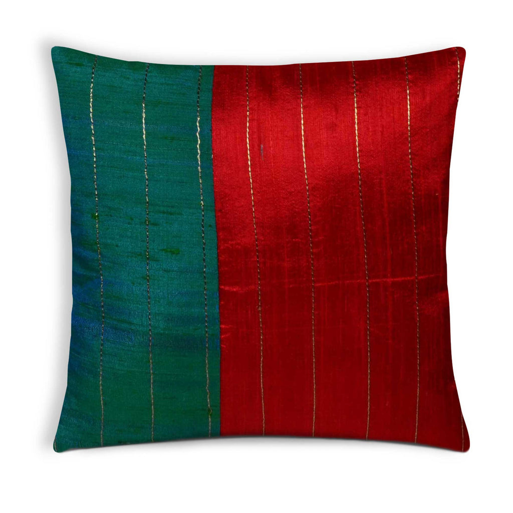 Teal Red Kantha Raw Silk Pillow Cover Buy online from India