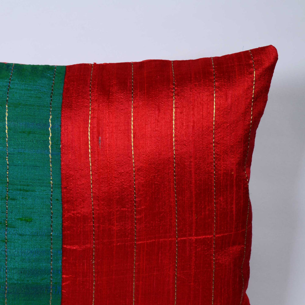 Teal Red Kantha Raw Silk Pillow Cover