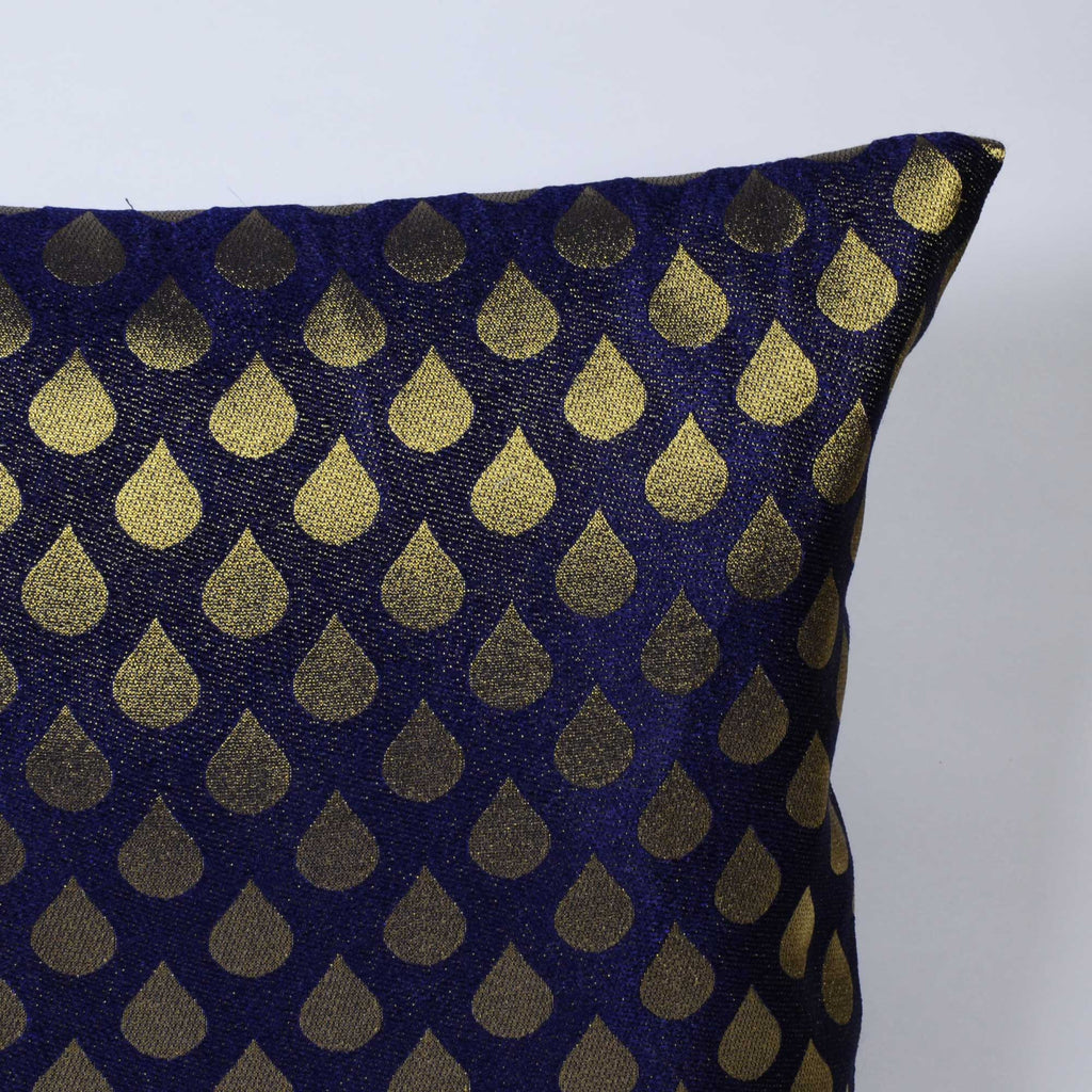 handmade Gold and Navy Tear Drop Jacquard Silk Pillow Cover\