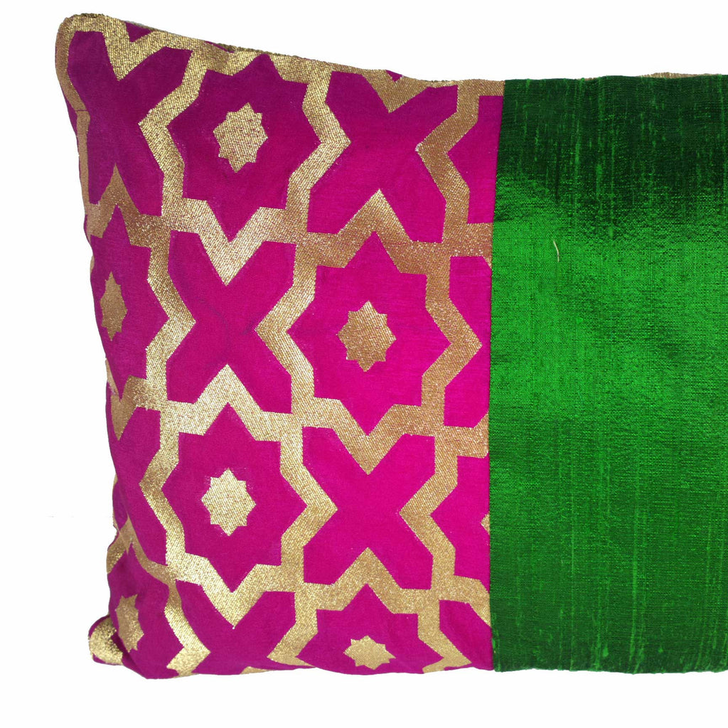 Hot Pink and Gold Moroccan Raw Silk Lumbar Pillow Cover