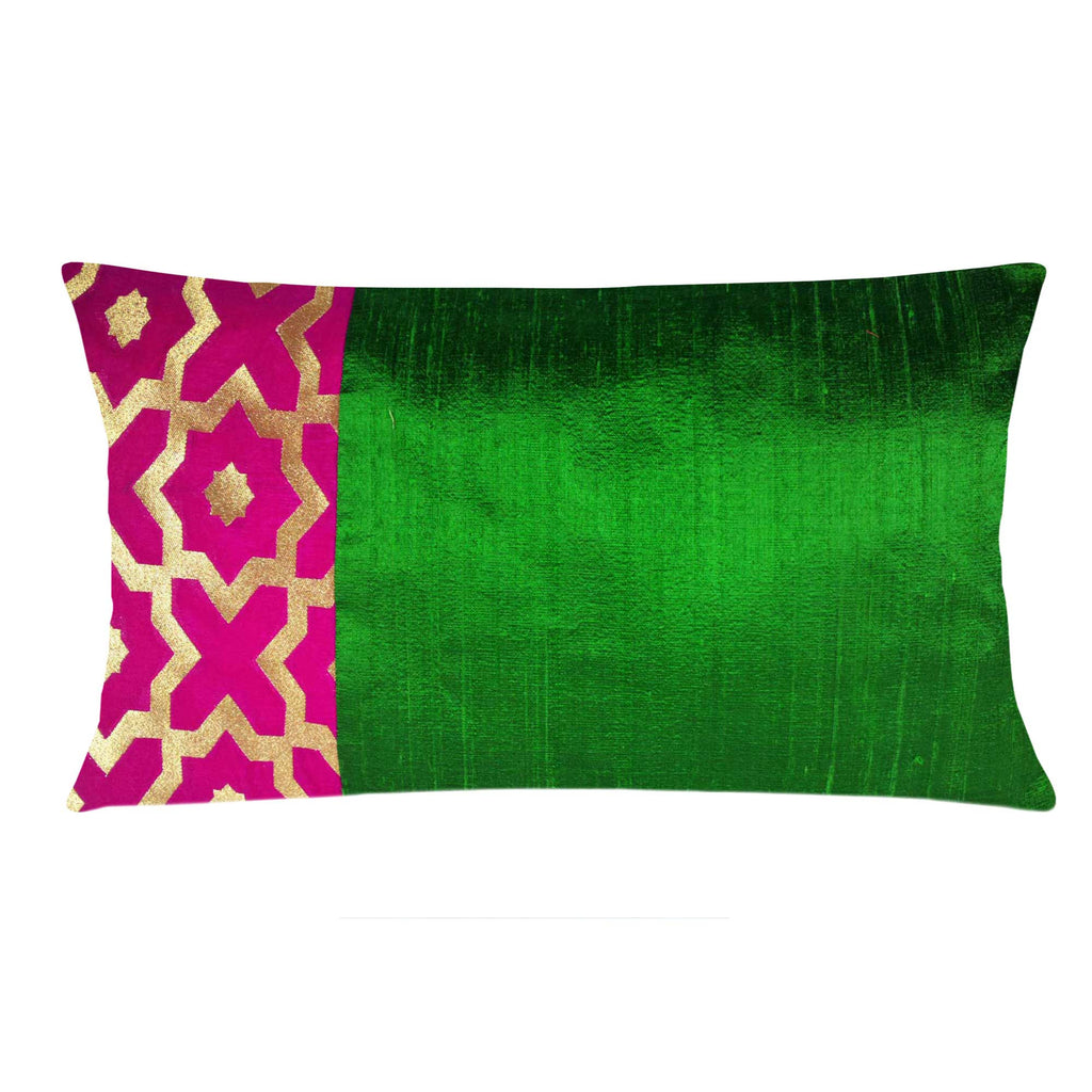 Hot Pink and Gold Moroccan Raw Silk Lumbar Pillow Cover