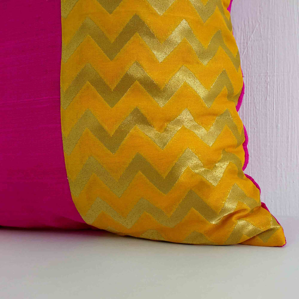 yellow and pink raw silk cushion cover