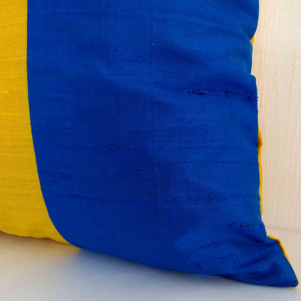 Caribbean blue and yellow colorblock raw silk cushion cover buy online india
