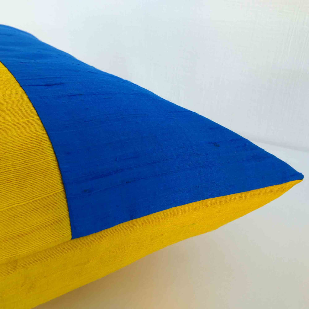 Caribbean blue and yellow colorblock raw silk cushion cover buy online india