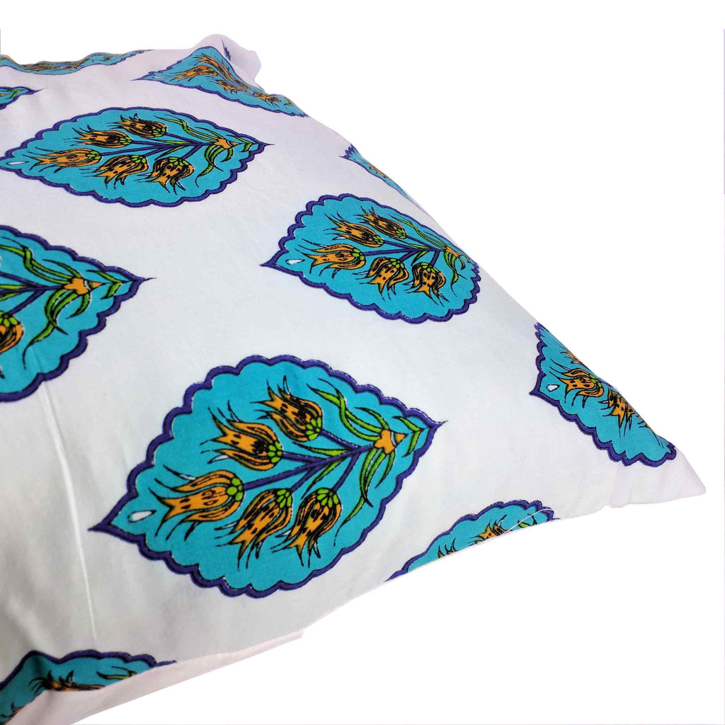 White and Teal Damask Cotton Cushion Cover