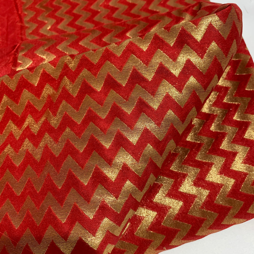 Red Gold Chevron Banaras Silk Fabric
