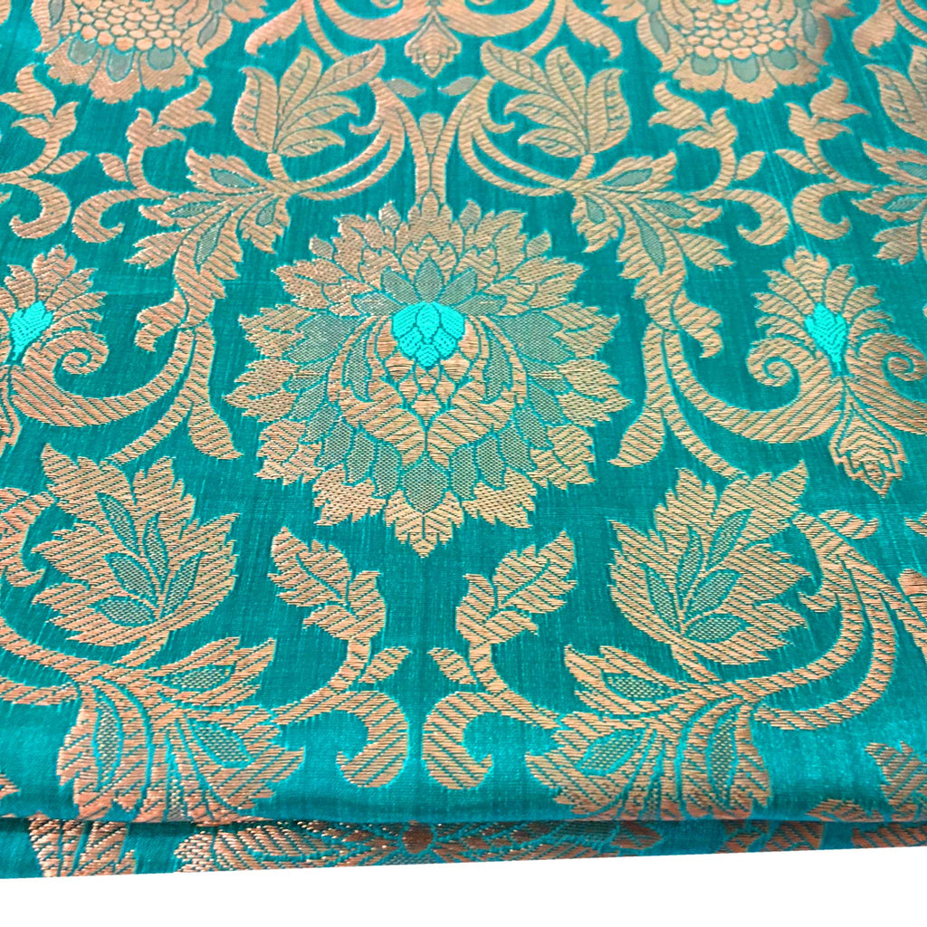 Sea Green and Gold Pakijah Banaras Silk Fabric