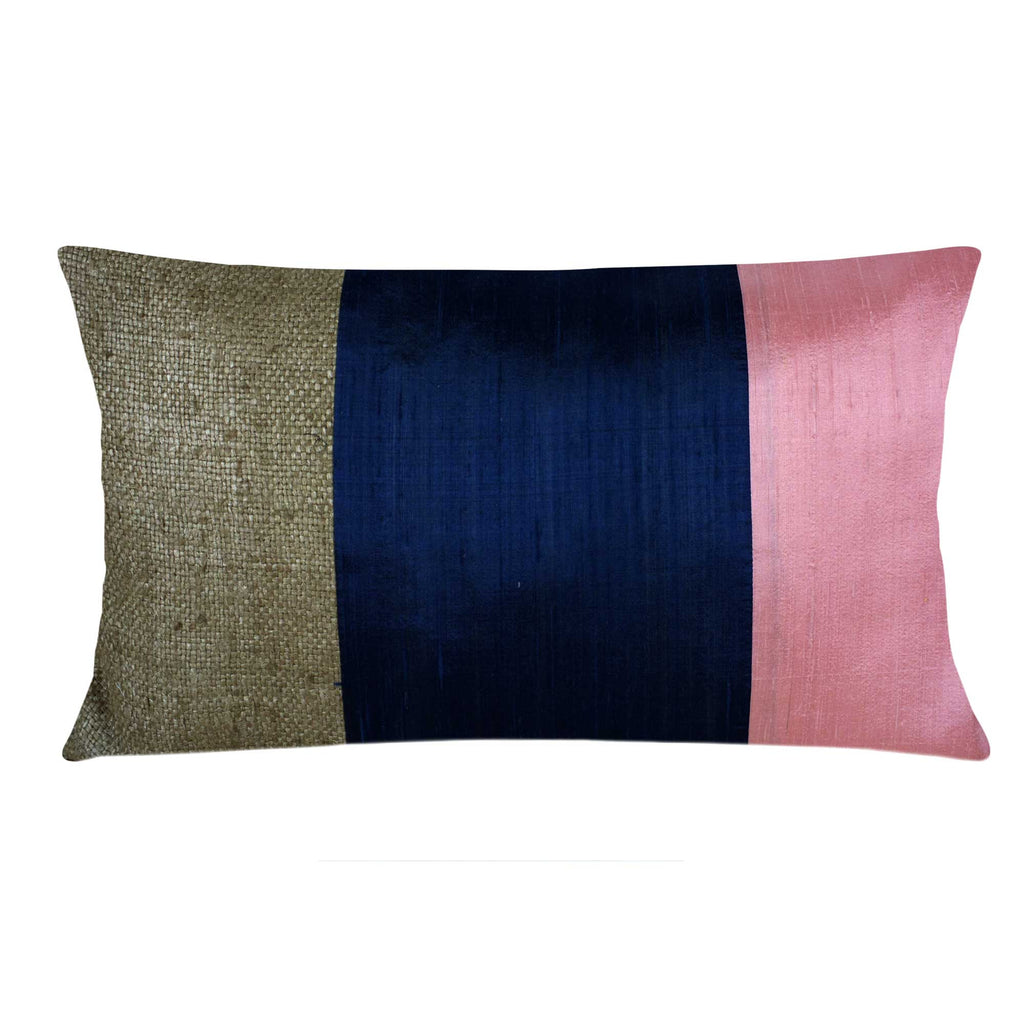 Pink and Blue Raw Silk Lumbar Pillow Cover