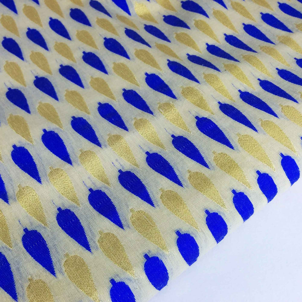 Royal Blue and Beige Gold Chanderi Silk Fabric