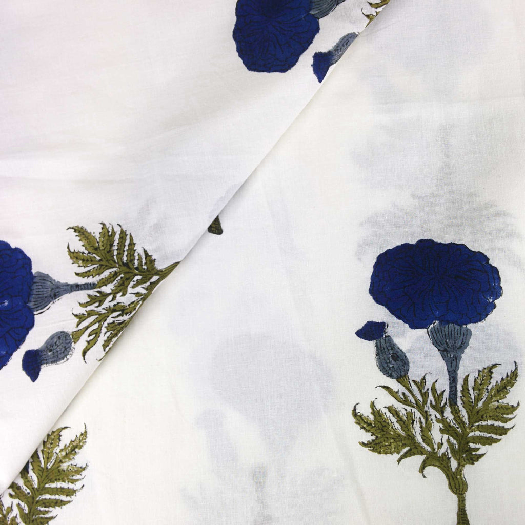 Blue and White Marigold Soft Cambric Cotton Fabric Buy online from DesiCrafts