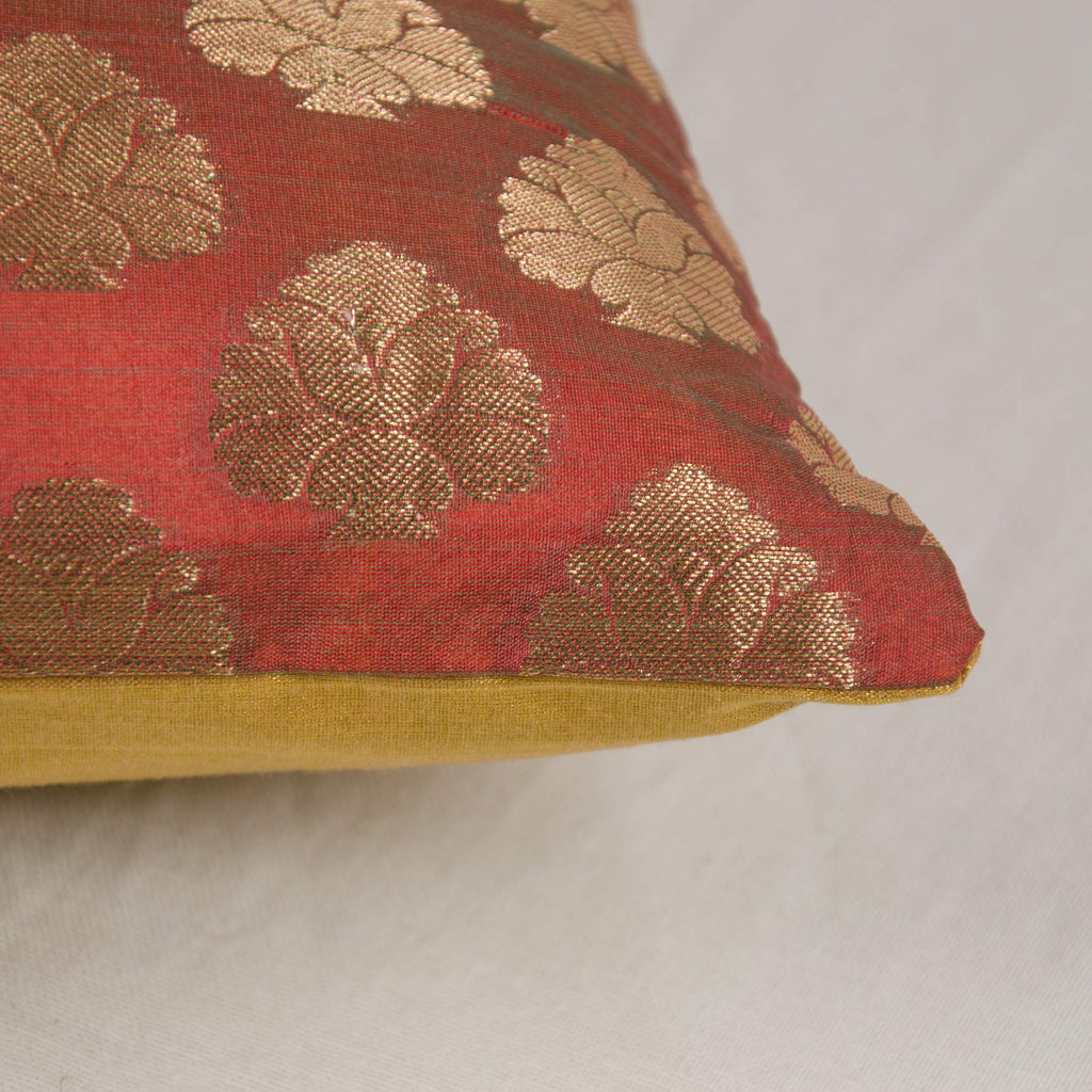 Chanderi Silk Pillow Cover in Marsala and Gold Silk