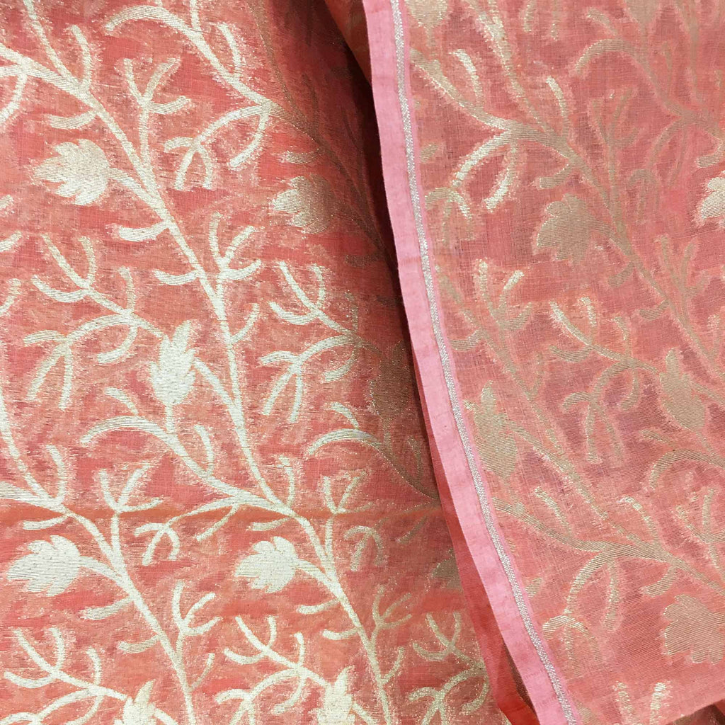 Coral and gold banarasi silk fabric By DesiCrafts