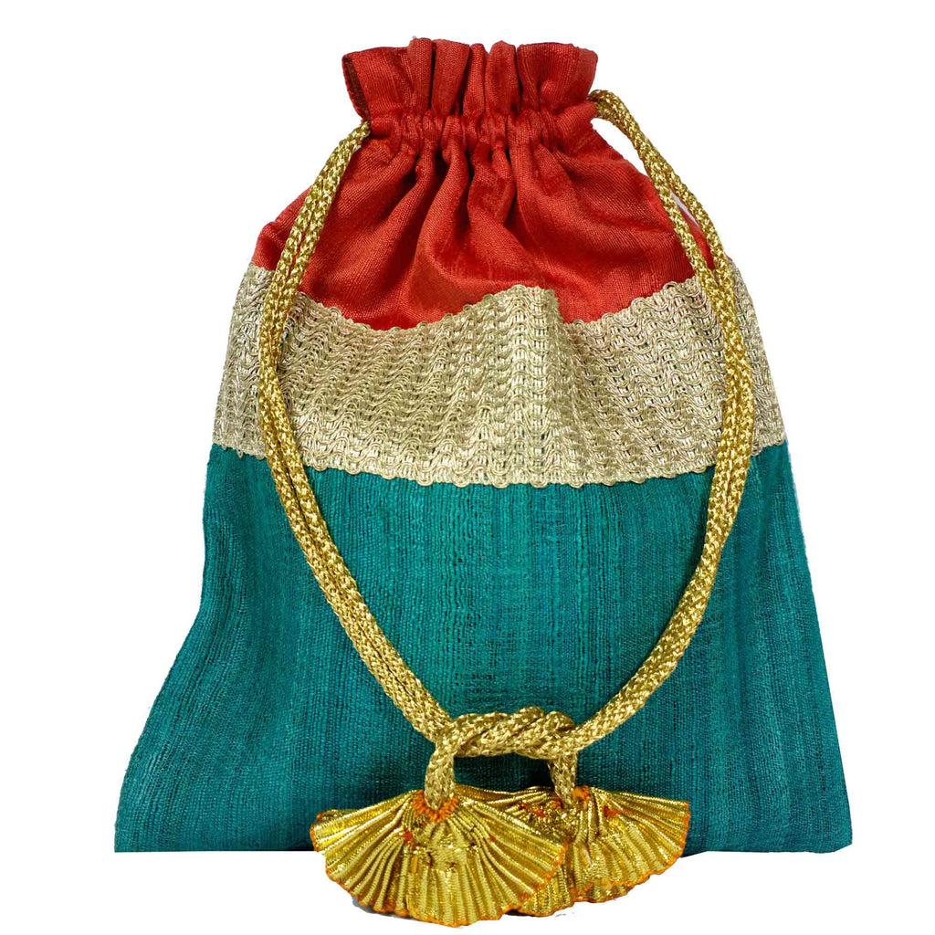Teal and coral Drawstring Silk Bag Buy From DesiCrafts