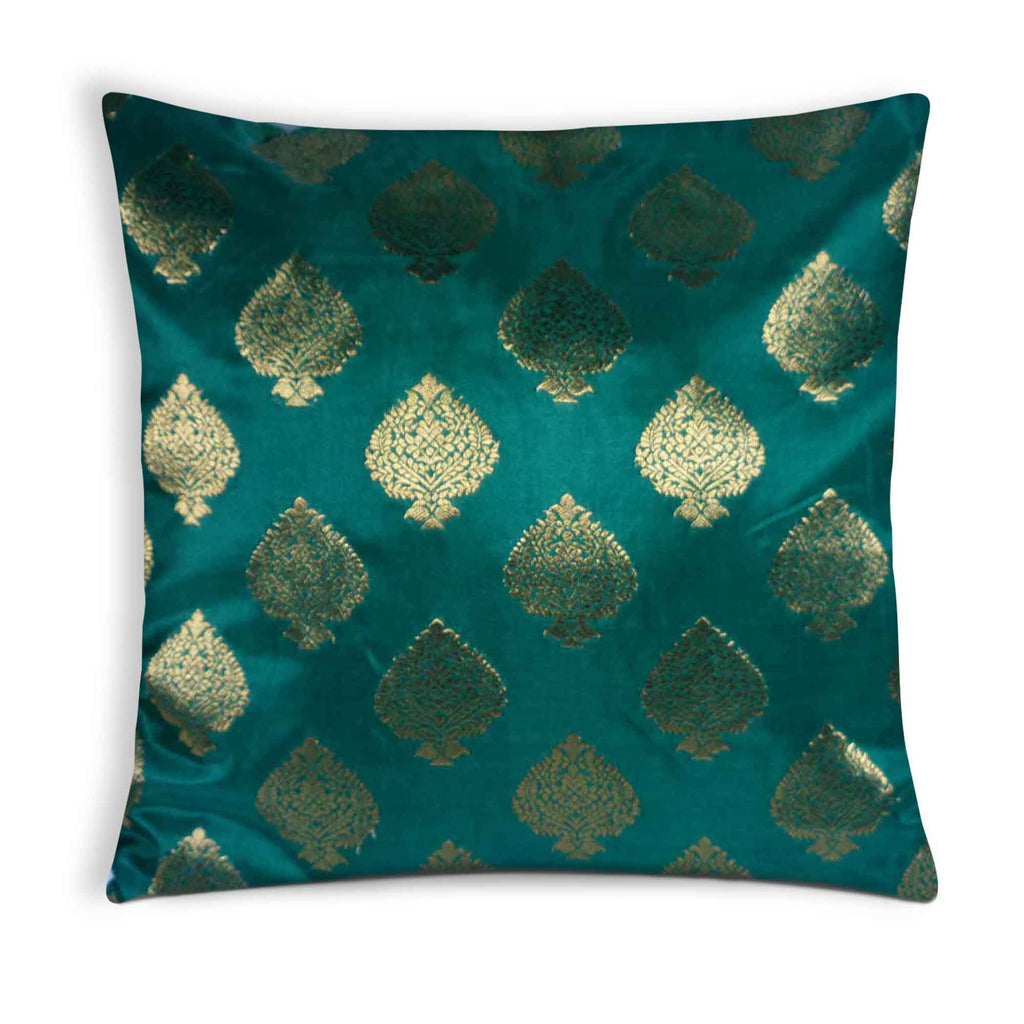 Green and gold silk pillow cover buy online from desicrafts 