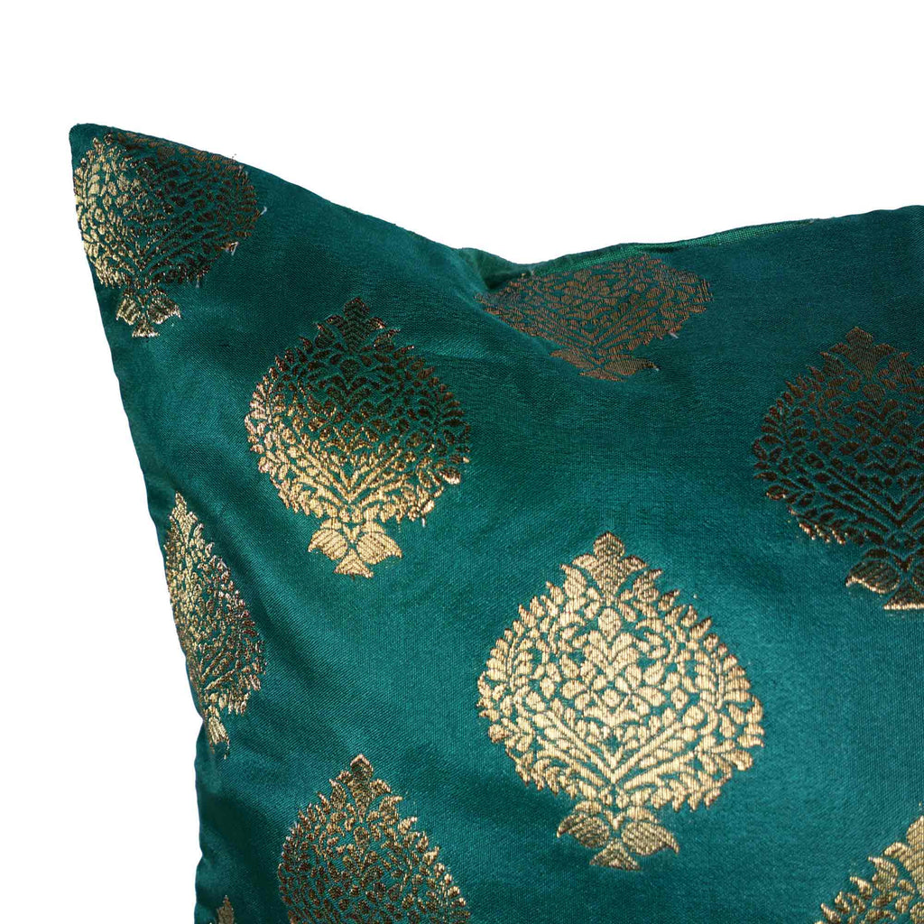 Green and gold silk cushion cover buy online from India