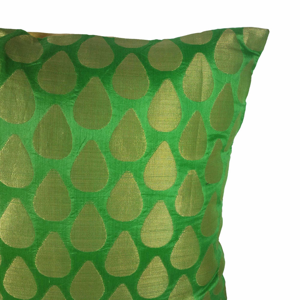 Tear Drop Green Gold Silk Pillow Cover