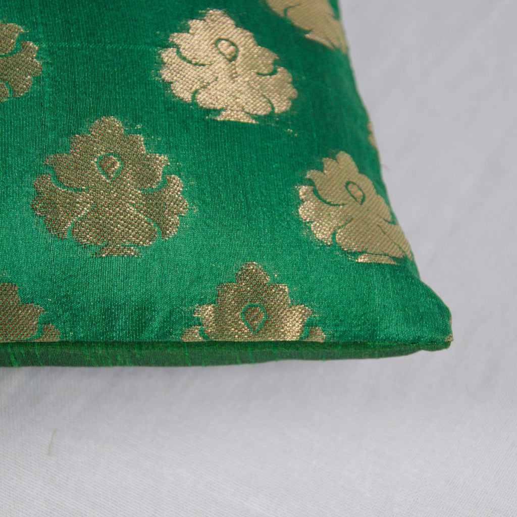 Emerald Green and Gold Chanderi Silk Cushion Cover
