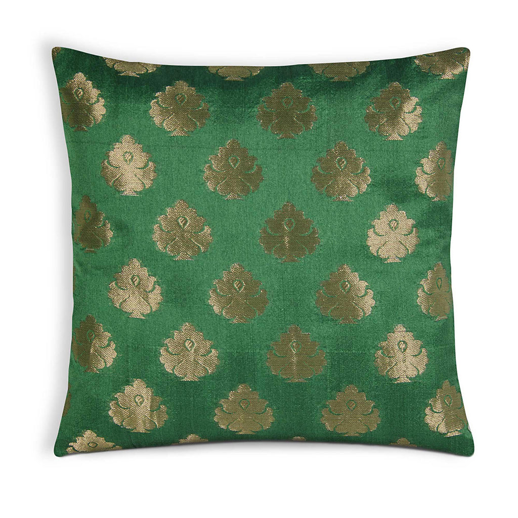 Emerald Green and Gold Chanderi Silk Pillow