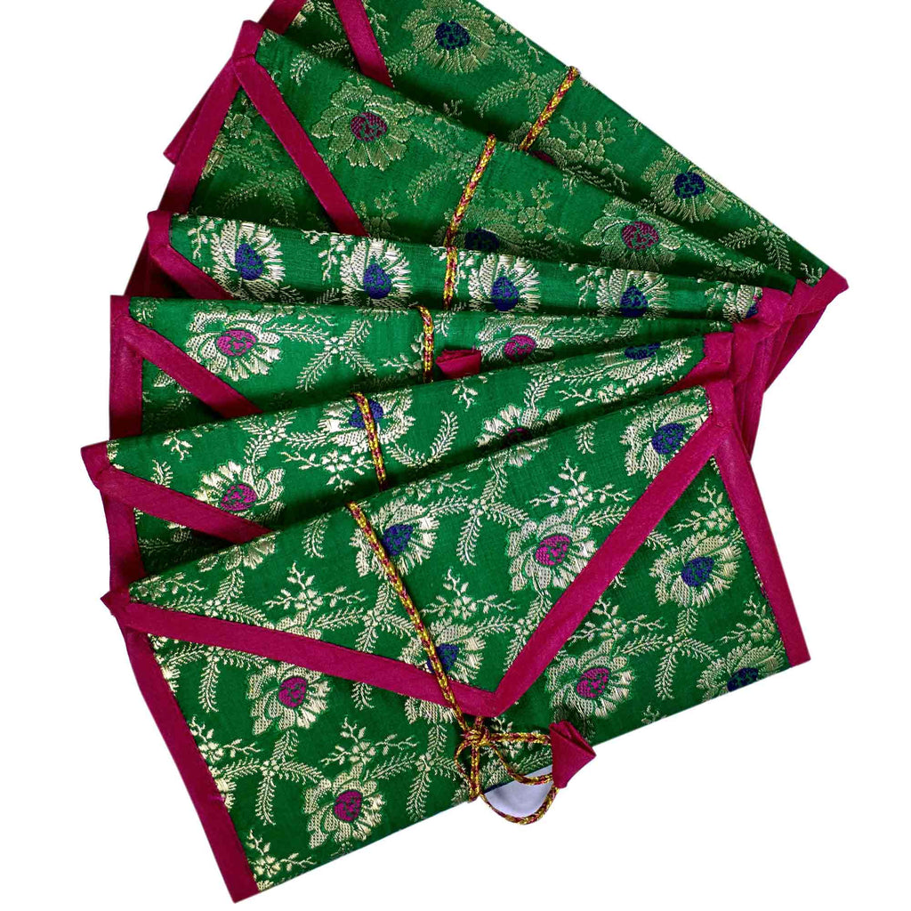 Set of 5 Green Magenta and Gold Silk Fabric Gift Envelopes