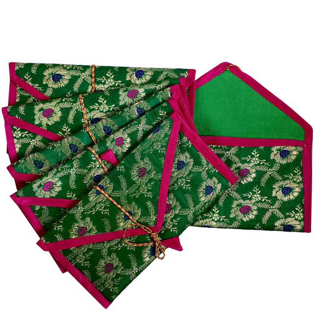Set of 5 Green Magenta and Gold Silk Fabric Gift Envelopes