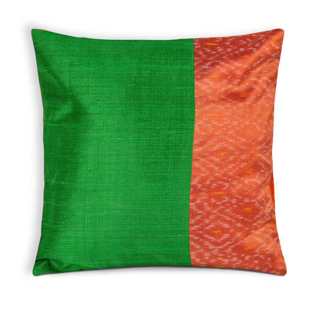 Green and Orange Ikat Raw Silk Pillow Cover