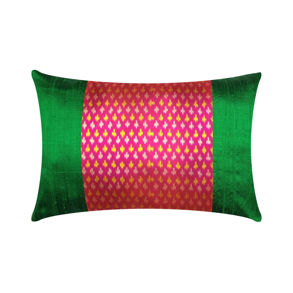 Green and Hot Pink Ikat Raw Silk Lumbar Cushion Cover Buy Online from DesiCrafts