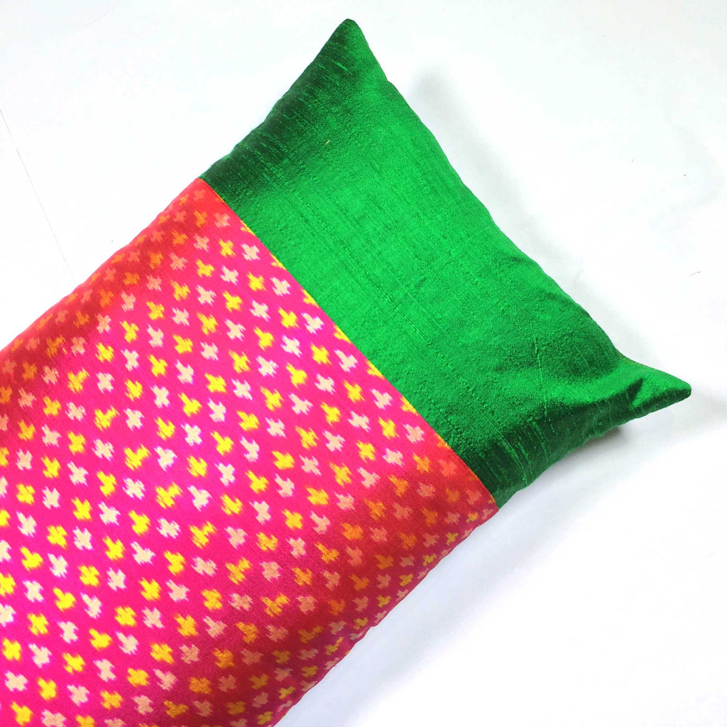 Green and Hot Pink Ikat Raw Silk Lumbar Cushion Cover Buy Online from India