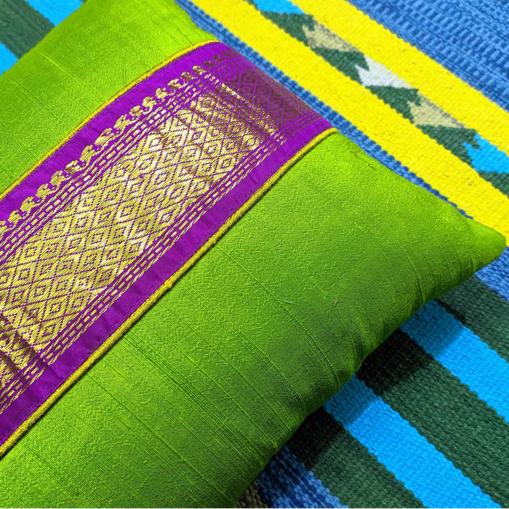 Green and Purple Embellished Border Raw Silk Pillow Cover