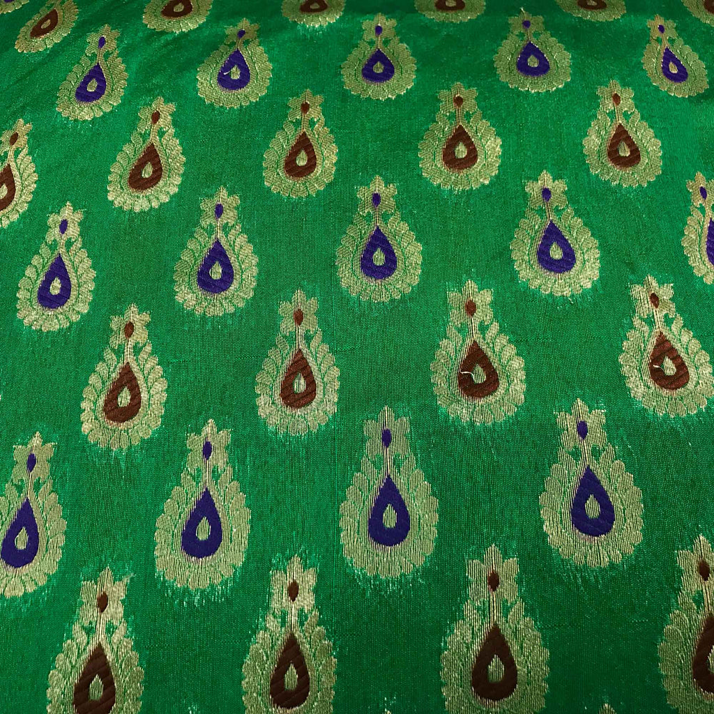 Emerald Green and Gold Chanderi Silk Lumbar Pillow Cover