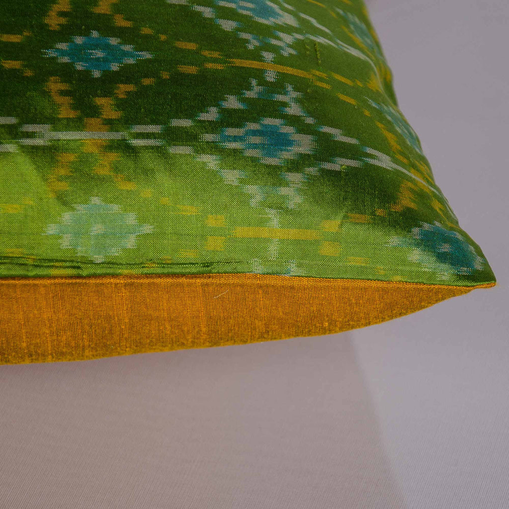 Green and Mustard Pure Silk Pillow Cover