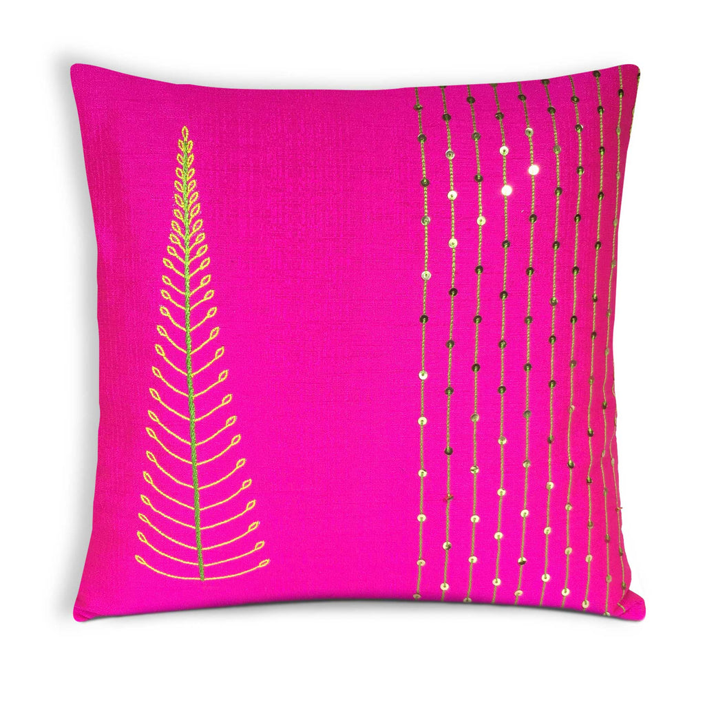 Tree Embroidery Hot Pink Silk Cushion Cover