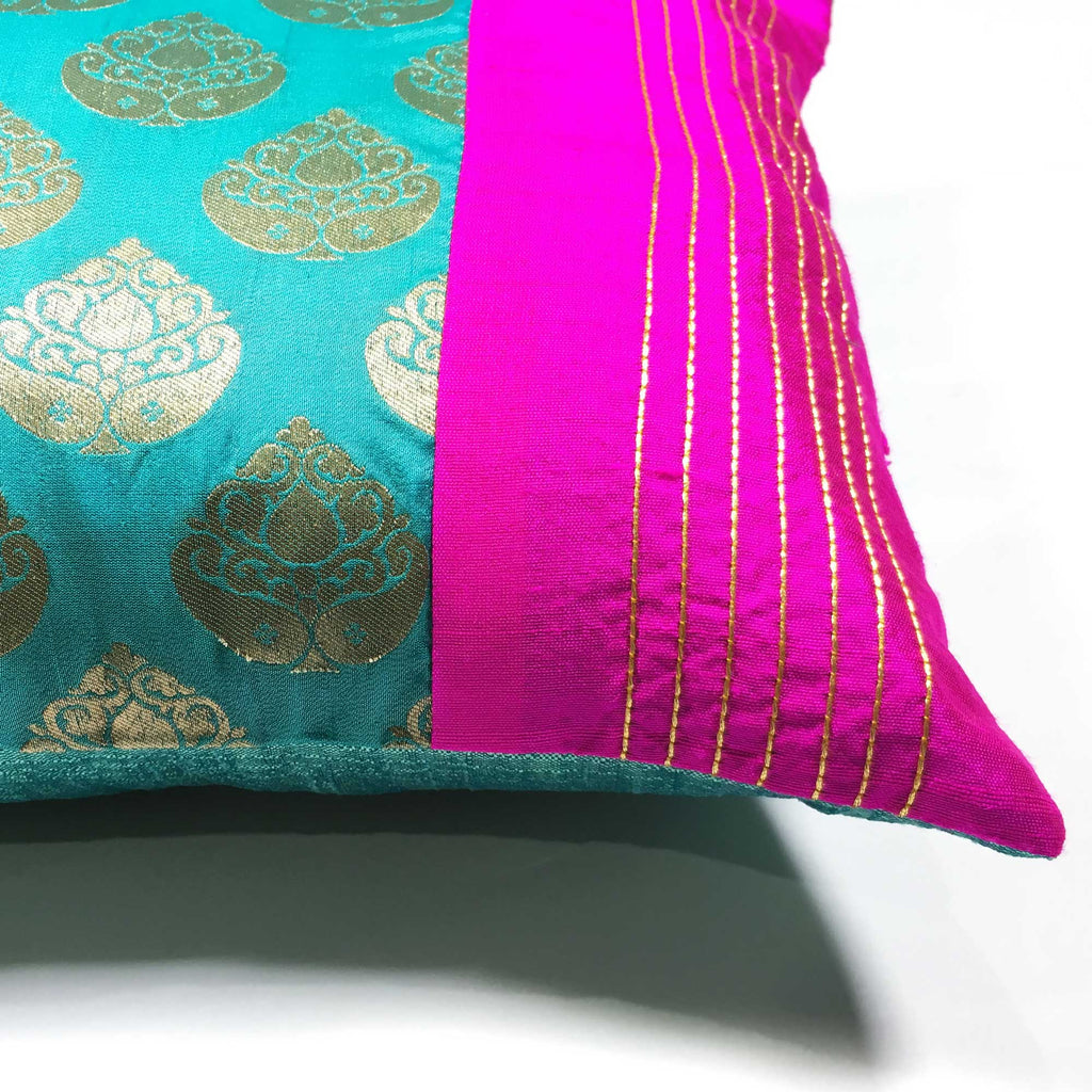 Teal and Hot Pink Raw Silk Lumbar Cushion Cover