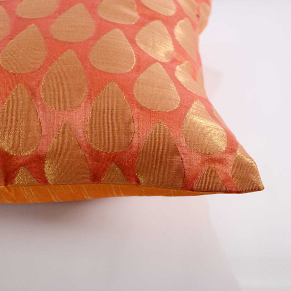 Peach and Gold Chanderi Silk Pillow Cover Buy from DesiCrafts
