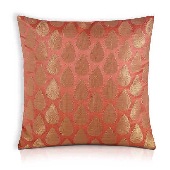 Peach and Gold Chanderi Silk Pillow Cover