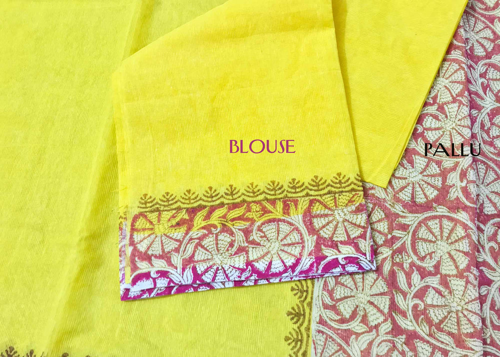 Yellow Fuchsia Floral BlockPrint Supernet Sari With Blouse